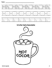 Free printable hot chocolate winter coloring page, letter h tracing worksheet for preschool, pre-k, and kindergarten