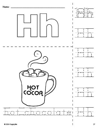 Free printable hot chocolate winter coloring page and letter tracing worksheet, letter h worksheet for preschool, pre-k, and kindergarten