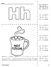 Free printable hot chocolate winter coloring page and letter tracing worksheet, letter h worksheet for preschool, pre-k, and kindergarten