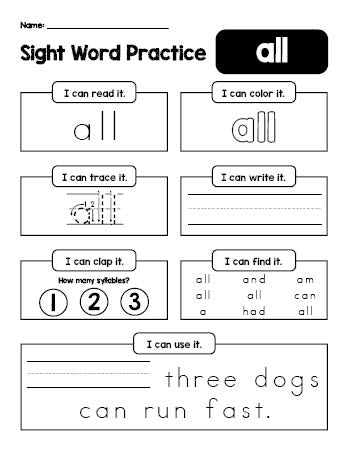 Free printable kindergarten sight word worksheet, beginner sight word for kindergarteners and high frequency word 'all', practice sheet includes 6 sight word activities and 1 sight word sentence, first 100 fry sight words, Dolch primer, PDF