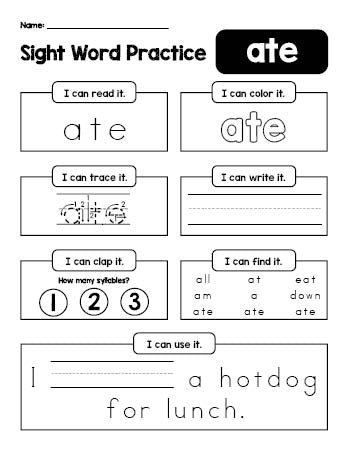 Free printable kindergarten sight word worksheet, beginner sight word for kindergarteners and high frequency word 'ate', practice sheet includes 6 sight word activities and 1 sight word sentence, Dolch primer, PDF