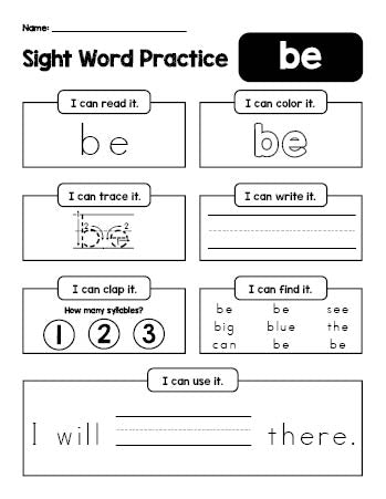 Free printable kindergarten sight word worksheet, beginner sight word for kindergarteners and high frequency word 'be', practice sheet includes 6 sight word activities and 1 sight word sentence, first 100 fry sight words, Dolch primer, PDF