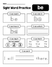 Free printable kindergarten sight word worksheet, beginner sight word for kindergarteners and high frequency word 'be', practice sheet includes 6 sight word activities and 1 sight word sentence, first 100 fry sight words, Dolch primer, PDF