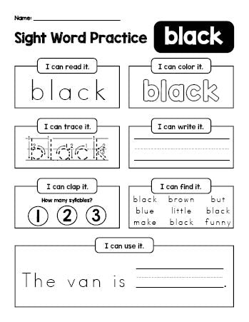 Free printable kindergarten sight word worksheet, beginner sight word for kindergarteners and high frequency word 'black', practice sheet includes 6 sight word activities and 1 sight word sentence, fourth 100 fry sight words, Dolch primer, PDF