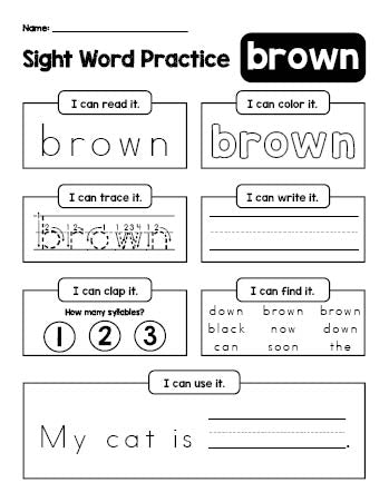 Free printable kindergarten sight word worksheet, beginner sight word for kindergarteners and high frequency word 'brown', practice sheet includes 6 sight word activities and 1 sight word sentence, eighth 100 fry sight words, Dolch primer, PDF