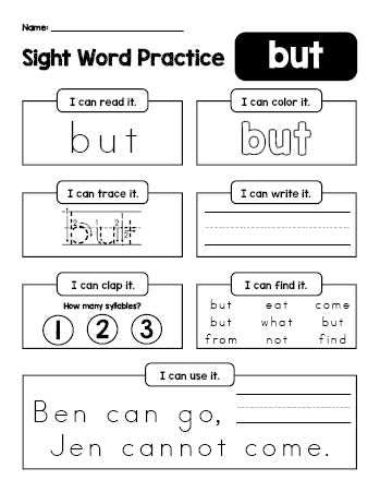 Free printable kindergarten sight word worksheet, beginner sight word for kindergarteners and high frequency word 'but', practice sheet includes 6 sight word activities and 1 sight word sentence, first 100 fry sight words, Dolch primer, PDF