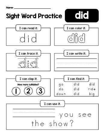 Free printable kindergarten sight word worksheet, beginner sight word for kindergarteners and high frequency word 'did', practice sheet includes 6 sight word activities and 1 sight word sentence, first 100 fry sight words, Dolch primer, PDF