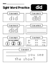 Free printable kindergarten sight word worksheet, beginner sight word for kindergarteners and high frequency word 'did', practice sheet includes 6 sight word activities and 1 sight word sentence, first 100 fry sight words, Dolch primer, PDF