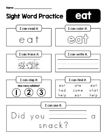 Free printable kindergarten sight word worksheet, beginner sight word for kindergarteners and high frequency word 'eat', practice sheet includes 6 sight word activities and 1 sight word sentence, third 100 fry sight words, Dolch primer, PDF