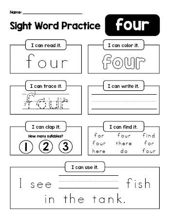 Free printable kindergarten sight word worksheet, beginner sight word for kindergarteners and high frequency word 'four', practice sheet includes 6 sight word activities and 1 sight word sentence, third 100 fry sight words, Dolch primer, PDF