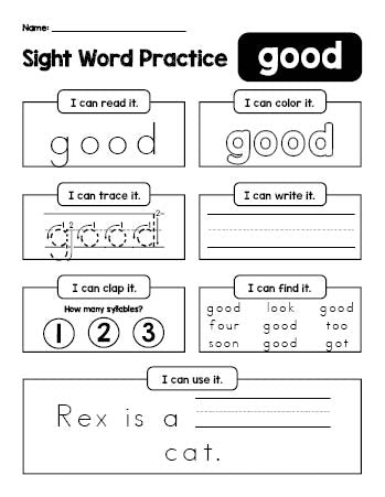 Free printable kindergarten sight word worksheet, beginner sight word for kindergarteners and high frequency word 'good', practice sheet includes 6 sight word activities and 1 sight word sentence, second 100 fry sight words, Dolch primer, PDF