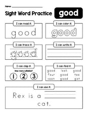 Free printable kindergarten sight word worksheet, beginner sight word for kindergarteners and high frequency word 'good', practice sheet includes 6 sight word activities and 1 sight word sentence, second 100 fry sight words, Dolch primer, PDF