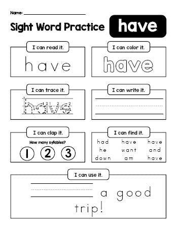 Free printable kindergarten sight word worksheet, beginner sight word for kindergarteners and high frequency word 'have', practice sheet includes 6 sight word activities and 1 sight word sentence, first 100 fry sight words, Dolch primer, PDF