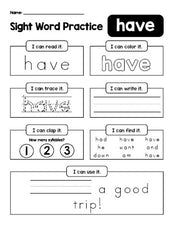 Free printable kindergarten sight word worksheet, beginner sight word for kindergarteners and high frequency word 'have', practice sheet includes 6 sight word activities and 1 sight word sentence, first 100 fry sight words, Dolch primer, PDF