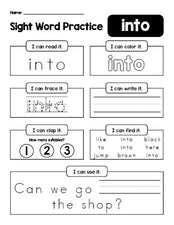 Free printable kindergarten sight word worksheet, beginner sight word for kindergarteners and high frequency word 'into', practice sheet includes 6 sight word activities and 1 sight word sentence, first 100 fry sight words, Dolch primer, PDF