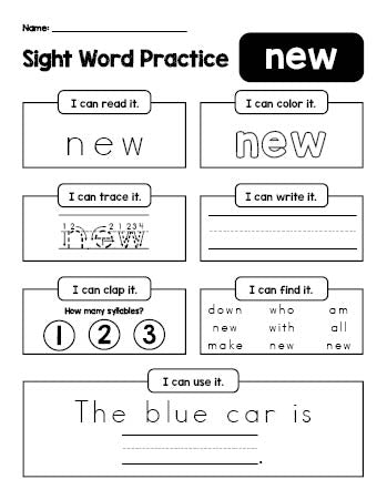 Free printable kindergarten sight word worksheet, beginner sight word for kindergarteners and high frequency word 'new', practice sheet includes 6 sight word activities and 1 sight word sentence, second 100 fry sight words, Dolch primer, PDF