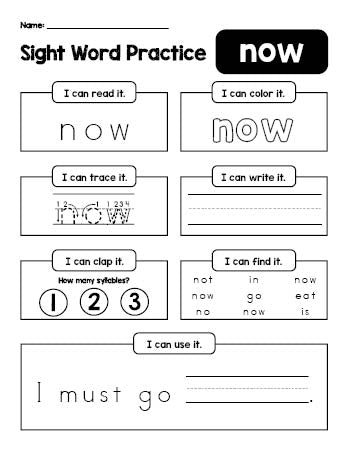 Free printable kindergarten sight word worksheet, beginner sight word for kindergarteners and high frequency word 'now', practice sheet includes 6 sight word activities and 1 sight word sentence, first 100 fry sight words, Dolch primer, PDF