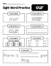 Free printable kindergarten sight word worksheet, beginner sight word for kindergarteners and high frequency word 'our', practice sheet includes 6 sight word activities and 1 sight word sentence, second 100 fry sight words, Dolch primer, PDF