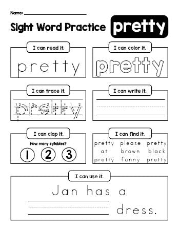 Free printable kindergarten sight word worksheet, beginner sight word for kindergarteners and high frequency word 'pretty', practice sheet includes 6 sight word activities and 1 sight word sentence, tenth 100 fry sight words, Dolch primer, PDF