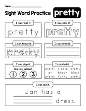 Free printable kindergarten sight word worksheet, beginner sight word for kindergarteners and high frequency word 'pretty', practice sheet includes 6 sight word activities and 1 sight word sentence, tenth 100 fry sight words, Dolch primer, PDF