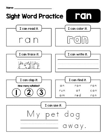 Free printable kindergarten sight word worksheet, beginner sight word for kindergarteners and high frequency word 'ran', practice sheet includes 6 sight word activities and 1 sight word sentence, fifth 100 fry sight words, Dolch primer, PDF