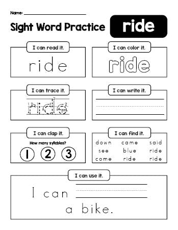 Free printable kindergarten sight word worksheet, beginner sight word for kindergarteners and high frequency word 'ride', practice sheet includes 6 sight word activities and 1 sight word sentence, seventh 100 fry sight words, Dolch primer, PDF