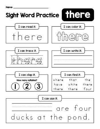 Free printable kindergarten sight word worksheet, beginner sight word for kindergarteners and high frequency word 'there', practice sheet includes 6 sight word activities and 1 sight word sentence, first 100 fry sight words, Dolch primer, PDF