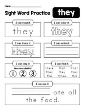 Free printable kindergarten sight word worksheet, beginner sight word for kindergarteners and high frequency word 'they', practice sheet includes 6 sight word activities and 1 sight word sentence, first 100 fry sight words, Dolch primer, PDF