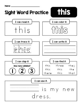 Free printable kindergarten sight word worksheet, beginner sight word for kindergarteners and high frequency word 'this', practice sheet includes 6 sight word activities and 1 sight word sentence, first 100 fry sight words, Dolch primer, PDF