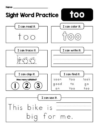 Free printable kindergarten sight word worksheet, beginner sight word for kindergarteners and high frequency word 'too', practice sheet includes 6 sight word activities and 1 sight word sentence, second 100 fry sight words, Dolch primer, PDF