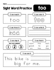 Free printable kindergarten sight word worksheet, beginner sight word for kindergarteners and high frequency word 'too', practice sheet includes 6 sight word activities and 1 sight word sentence, second 100 fry sight words, Dolch primer, PDF