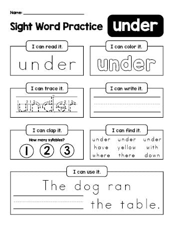 Free printable kindergarten sight word worksheet, beginner sight word for kindergarteners and high frequency word 'under', practice sheet includes 6 sight word activities and 1 sight word sentence, third 100 fry sight words, Dolch primer, PDF