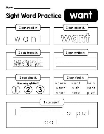 Free printable kindergarten sight word worksheet, beginner sight word for kindergarteners and high frequency word 'want', practice sheet includes 6 sight word activities and 1 sight word sentence, second 100 fry sight words, Dolch primer, PDF