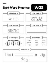 Free printable kindergarten sight word worksheet, beginner sight word for kindergarteners and high frequency word 'was', practice sheet includes 6 sight word activities and 1 sight word sentence, first 100 fry sight words, Dolch primer, PDF