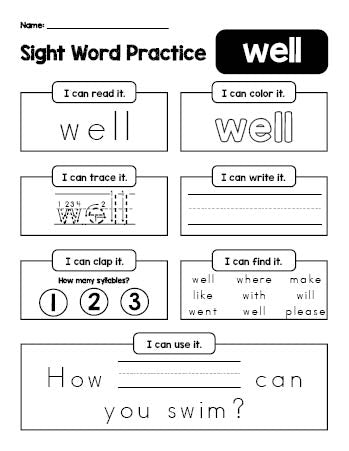 Free printable kindergarten sight word worksheet, beginner sight word for kindergarteners and high frequency word 'well', practice sheet includes 6 sight word activities and 1 sight word sentence, second 100 fry sight words, Dolch primer, PDF