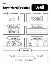 Free printable kindergarten sight word worksheet, beginner sight word for kindergarteners and high frequency word 'well', practice sheet includes 6 sight word activities and 1 sight word sentence, second 100 fry sight words, Dolch primer, PDF