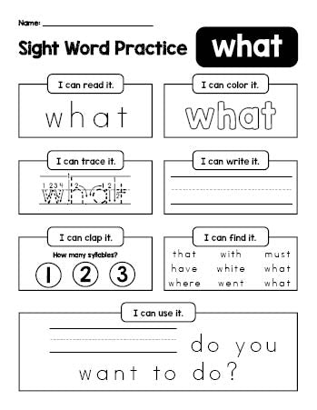 Free printable kindergarten sight word worksheet, beginner sight word for kindergarteners and high frequency word 'what', practice sheet includes 6 sight word activities and 1 sight word sentence, first 100 fry sight words, Dolch primer, PDF