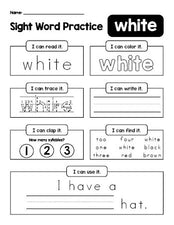 Free printable kindergarten sight word worksheet, beginner sight word for kindergarteners and high frequency word 'white', practice sheet includes 6 sight word activities and 1 sight word sentence, third 100 fry sight words, Dolch primer, PDF