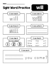 Free printable kindergarten sight word worksheet, beginner sight word for kindergarteners and high frequency word 'will', practice sheet includes 6 sight word activities and 1 sight word sentence, first 100 fry sight words, Dolch primer, PDF