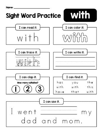 Free printable kindergarten sight word worksheet, beginner sight word for kindergarteners and high frequency word 'with', practice sheet includes 6 sight word activities and 1 sight word sentence, first 100 fry sight words, Dolch primer, PDF