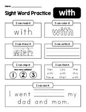 Free printable kindergarten sight word worksheet, beginner sight word for kindergarteners and high frequency word 'with', practice sheet includes 6 sight word activities and 1 sight word sentence, first 100 fry sight words, Dolch primer, PDF