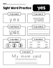 Free printable kindergarten sight word worksheet, beginner sight word for kindergarteners and high frequency word 'yes', practice sheet includes 6 sight word activities and 1 sight word sentence, fifth 100 fry sight words, Dolch primer, PDF