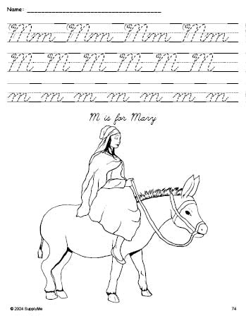 Free printable Mary Christmas coloring page, cursive letter tracing worksheet, letter m worksheet for preschool, pre-k, and kindergarten