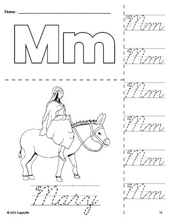 Free printable Mary Christmas coloring page and cursive letter tracing worksheet, letter m worksheet for preschool, pre-k, and kindergarten