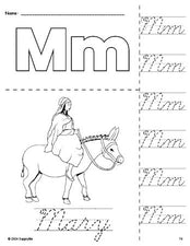 Free printable Mary Christmas coloring page and cursive letter tracing worksheet, letter m worksheet for preschool, pre-k, and kindergarten