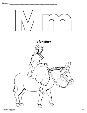 Free printable Mary Christmas coloring page, letter m coloring page for preschool, pre-k, and kindergarten