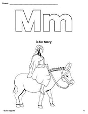 Free printable Mary Christmas coloring page, letter m coloring page for preschool, pre-k, and kindergarten