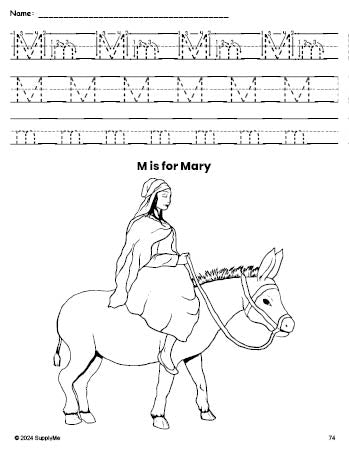 Free printable Mary Christmas coloring page, letter m tracing worksheet for preschool, pre-k, and kindergarten