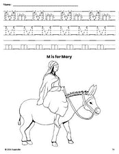 Free printable Mary Christmas coloring page, letter m tracing worksheet for preschool, pre-k, and kindergarten