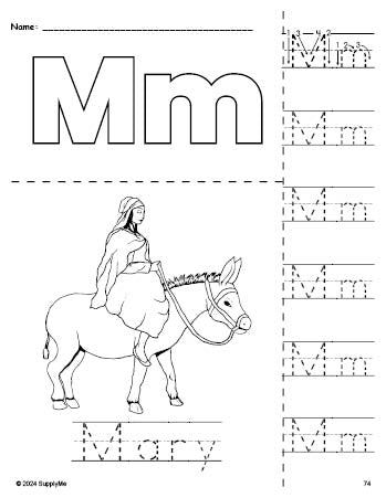 Free printable Mary Christmas coloring page and letter tracing worksheet, letter m worksheet for preschool, pre-k, and kindergarten